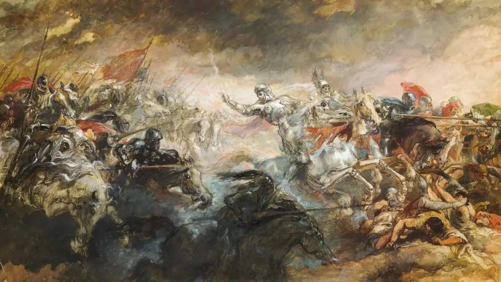 An oil painting depicting a chaotic medieval battle between mounted knights in armor.