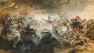 An oil painting depicting a chaotic medieval battle between mounted knights in armor.