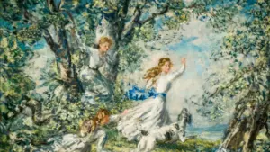 Painting of children playing in a lush forest with a dog, Springtime by Steer.